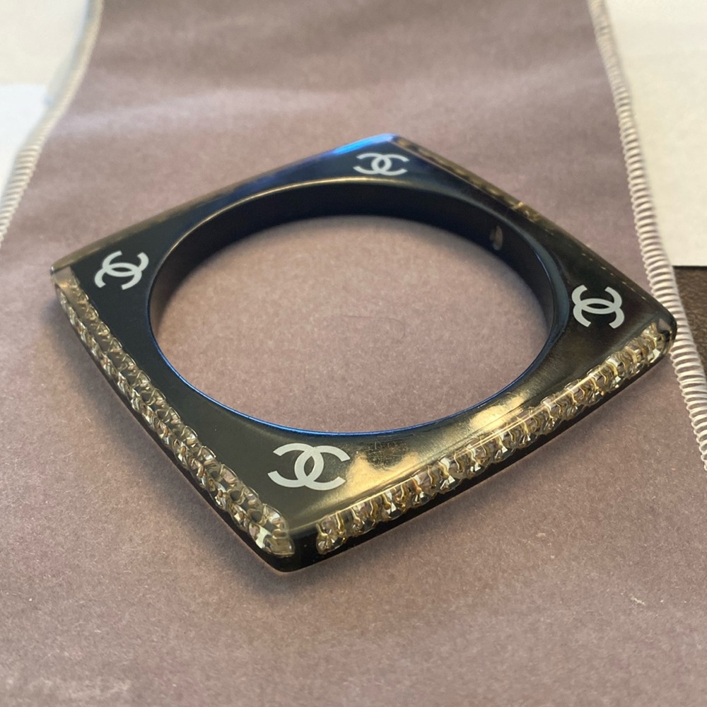 Chanel black resin Square rhinestone bangle bracelet